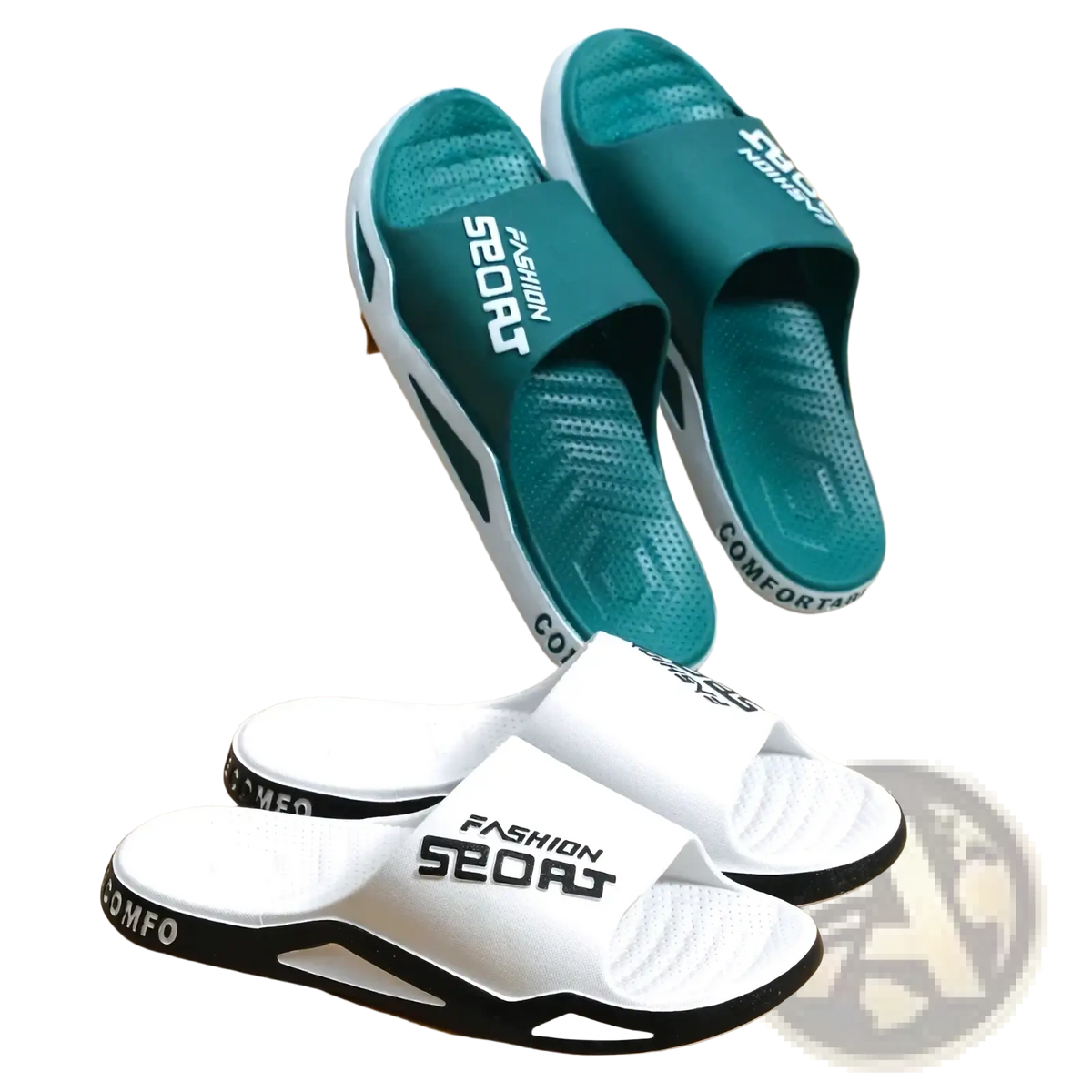 Men sport slide sandals in teal white with black accents featuring fashion sport branding and non-skid soles