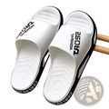 Men sport slide sandals in white and black with perforated footbed bold sport fashion strap and sleek rubber sole