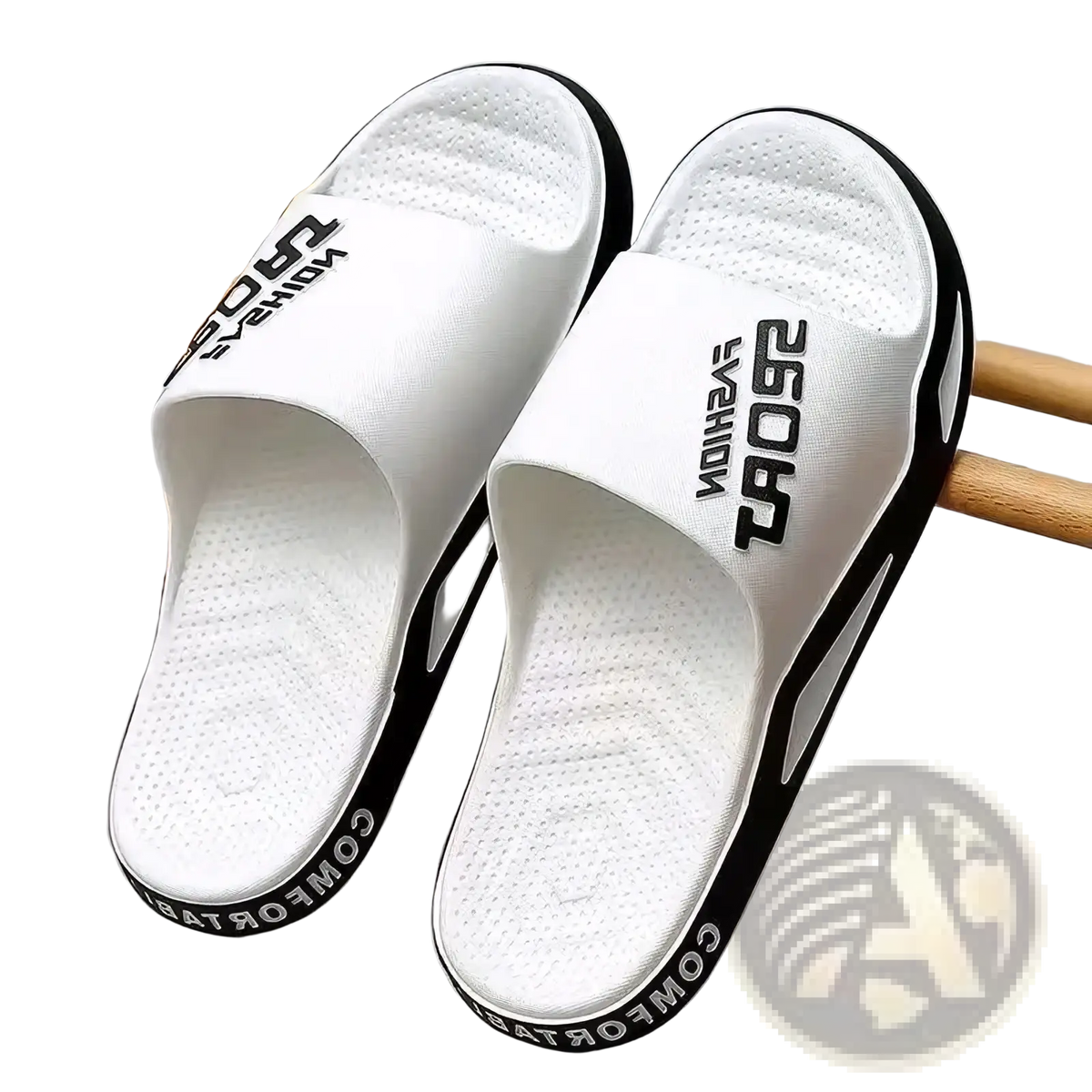 Men sport slide sandals in white and black with perforated footbed bold sport fashion strap and sleek rubber sole