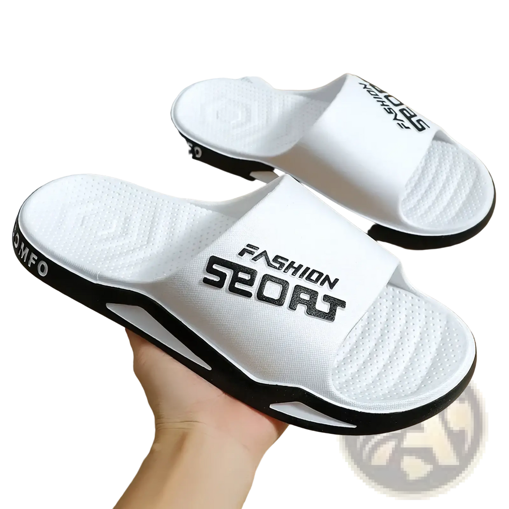 White and black men sport slide sandals with fashion sport print and non skid sole for summer use