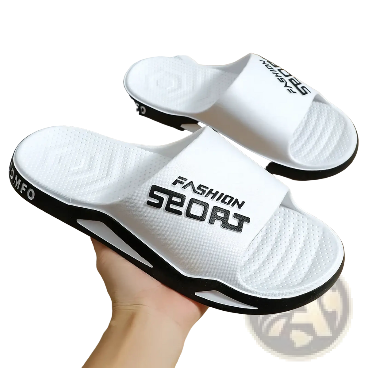 White and black men sport slide sandals with fashion sport print and non skid sole for summer use