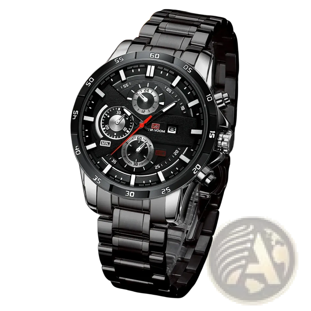 Men sports watch black leather racing quartz chronograph with black stainless steel case and multiple subdials