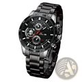 Men sports watch black leather racing quartz chronograph with black stainless steel case and multiple subdials