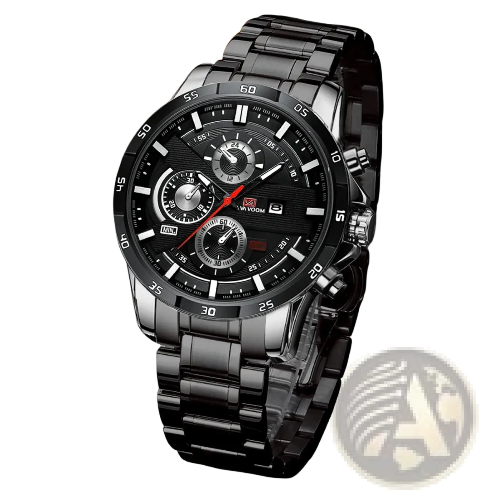 Men sports watch black leather racing quartz chronograph with black stainless steel case and multiple subdials