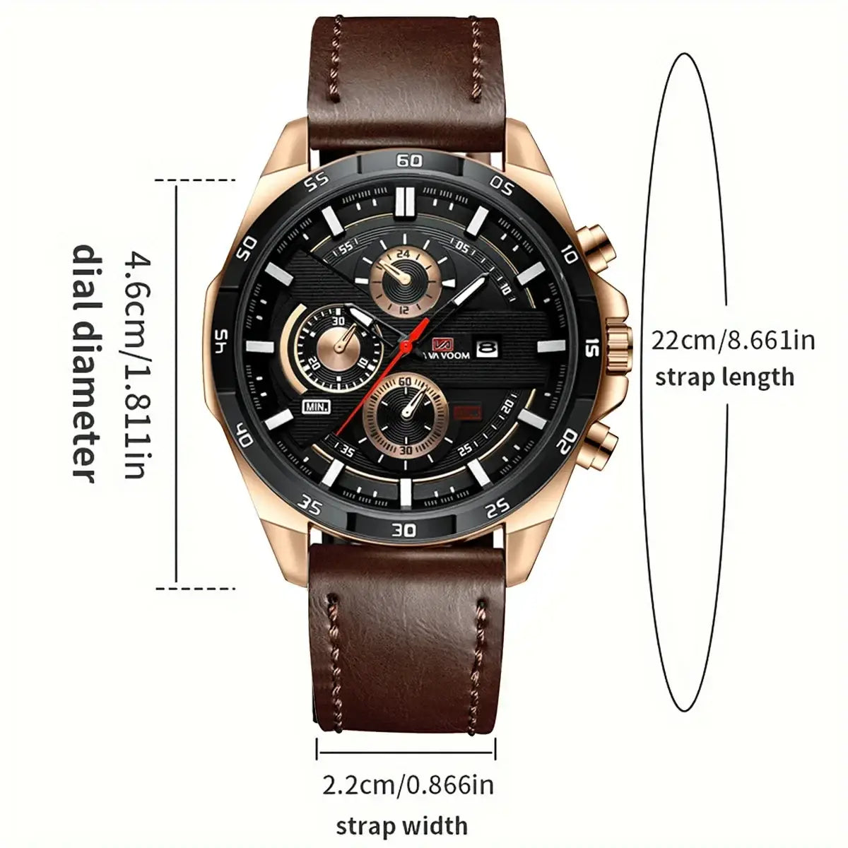 A men sports watch with rose gold case black dial with subdials and white markings on a brown leather strap