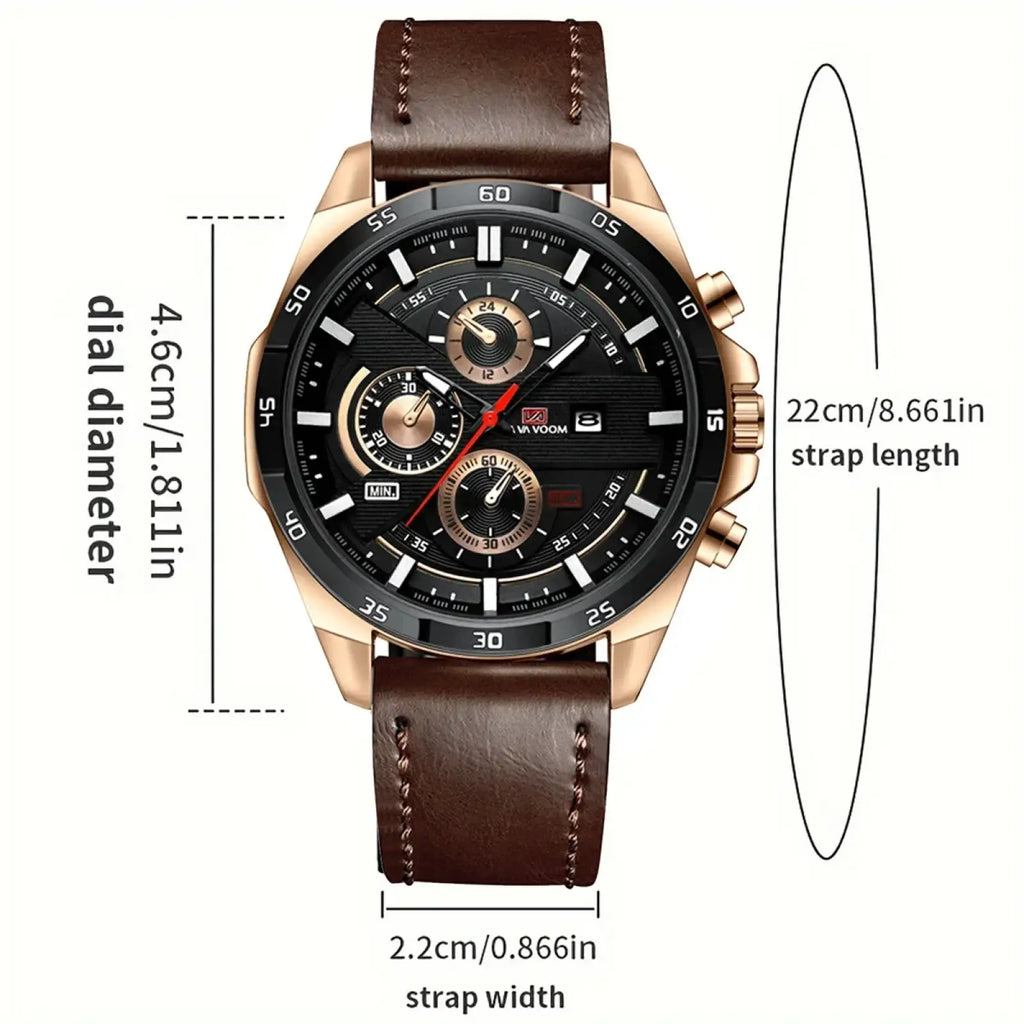 A men sports watch with rose gold case black dial with subdials and white markings on a brown leather strap