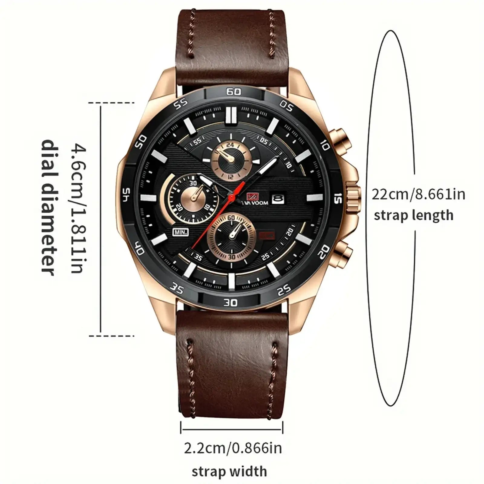 A men sports watch with rose gold case black dial with subdials and white markings on a brown leather strap