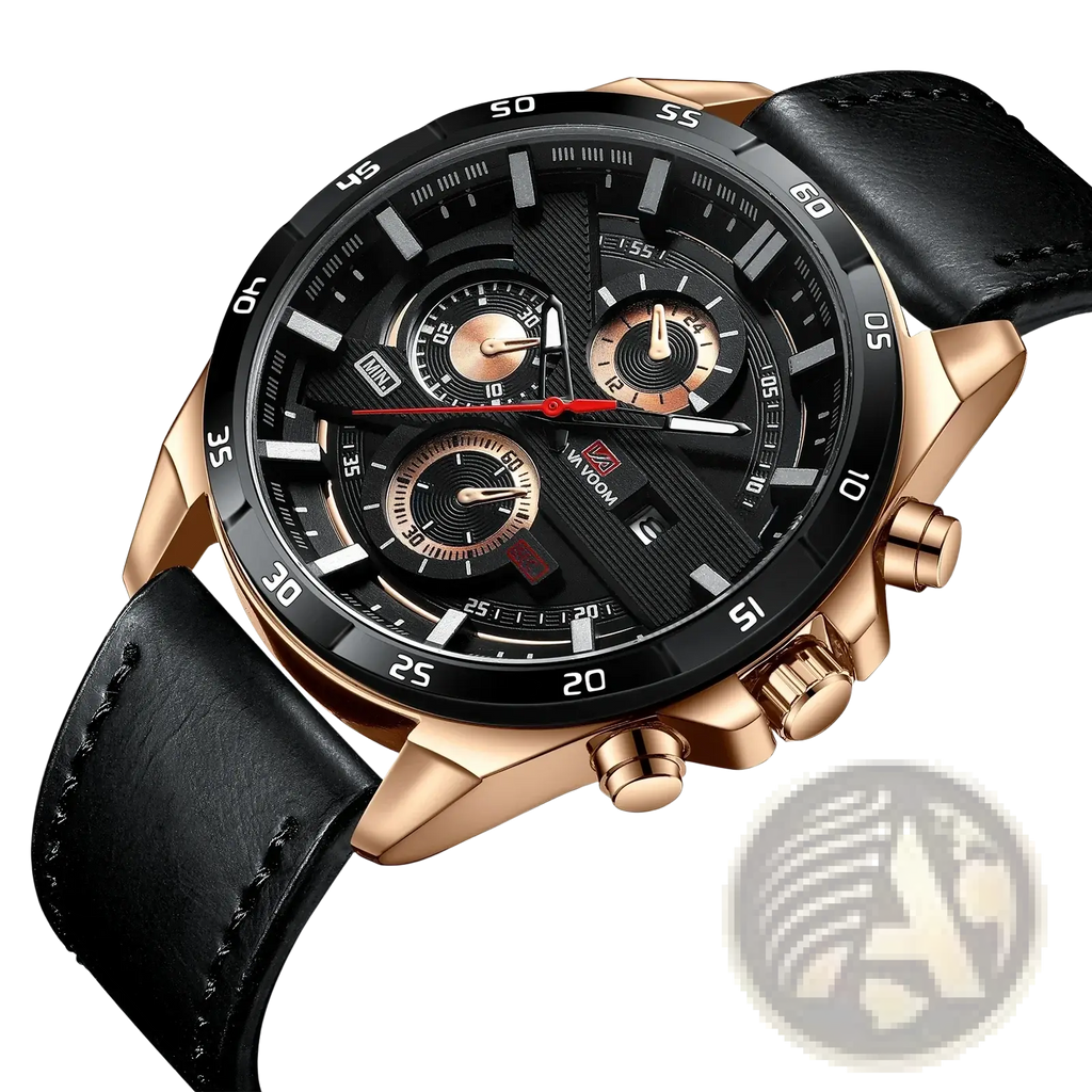 Rose gold-tone men sports watch with black dial, three subdials, and black leather racing quartz chronograph strap