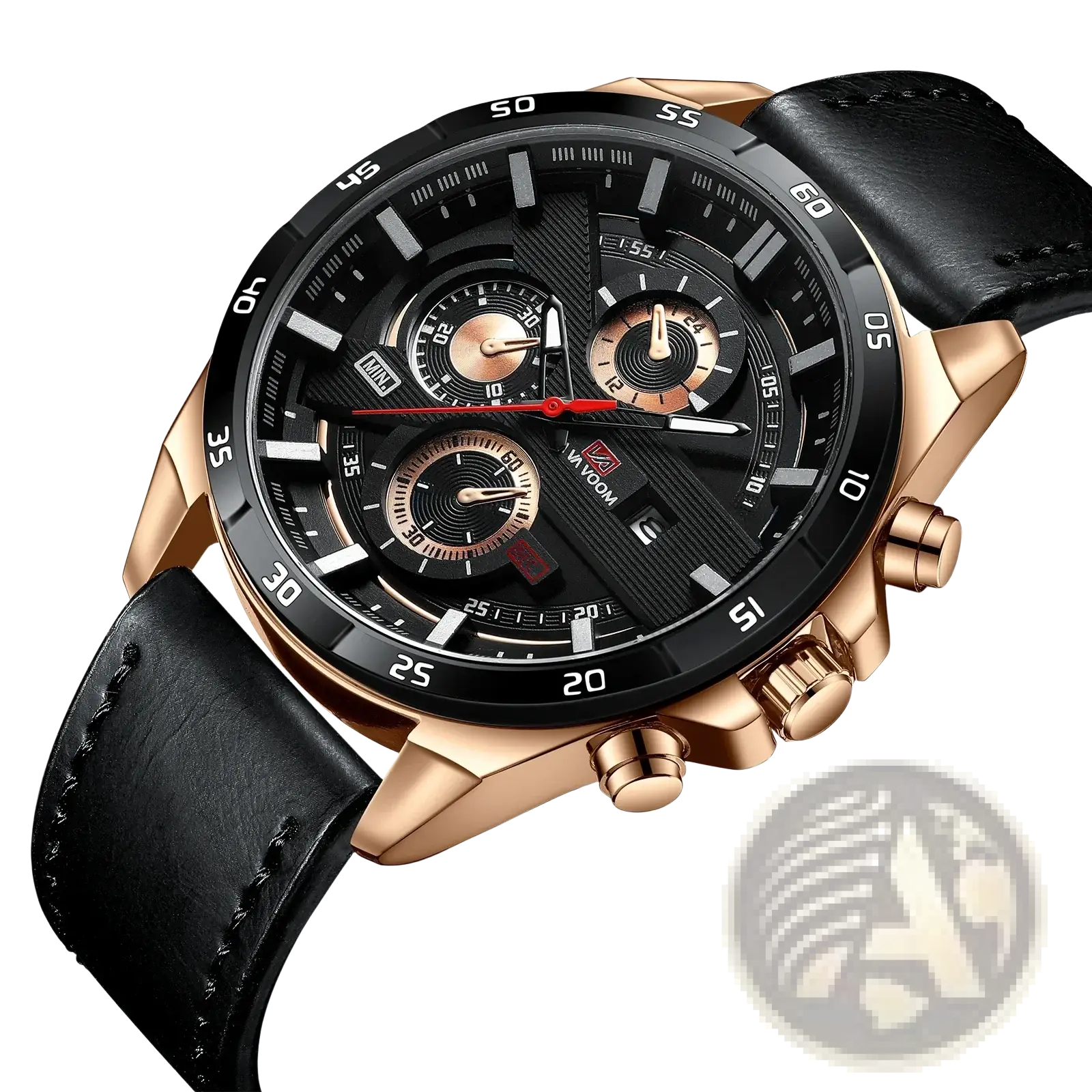 Rose gold-tone men sports watch with black dial, three subdials, and black leather racing quartz chronograph strap
