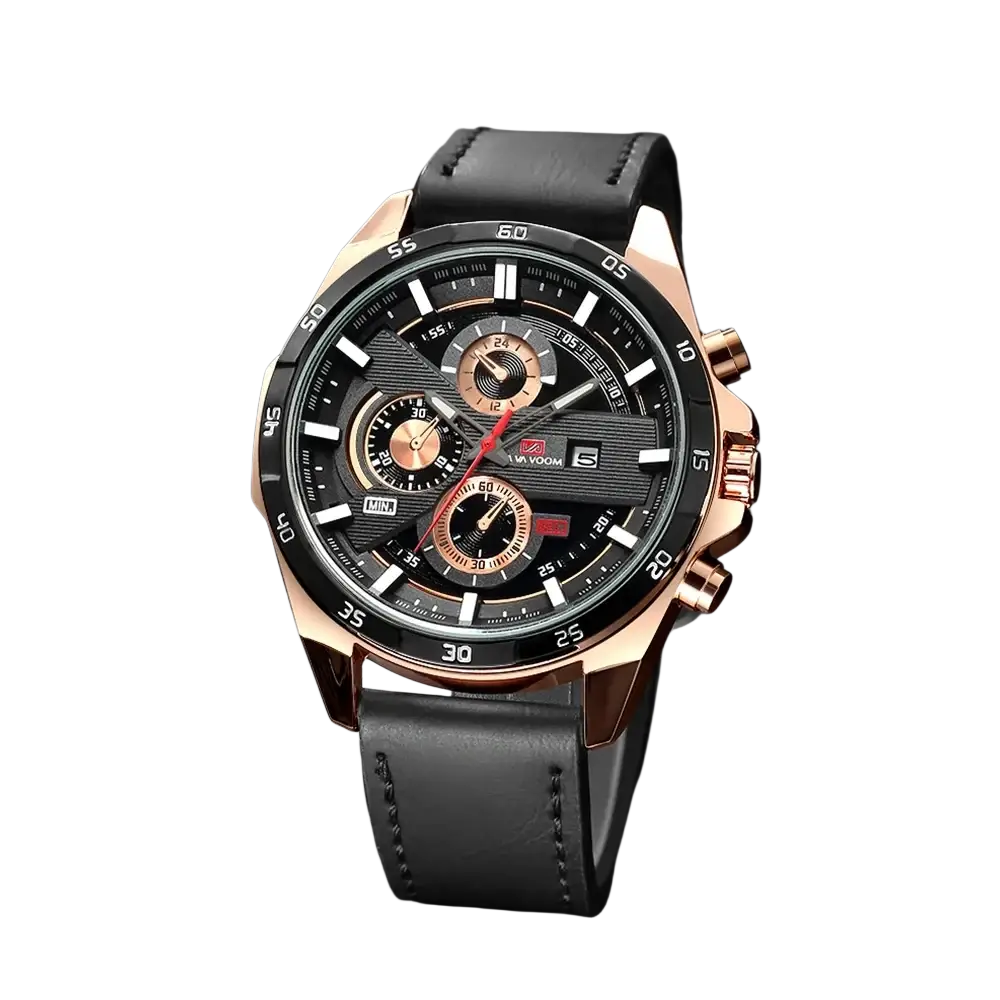 Men sports watch in rose gold tone with black dial multiple subdials and black leather racing strap quartz chronograph