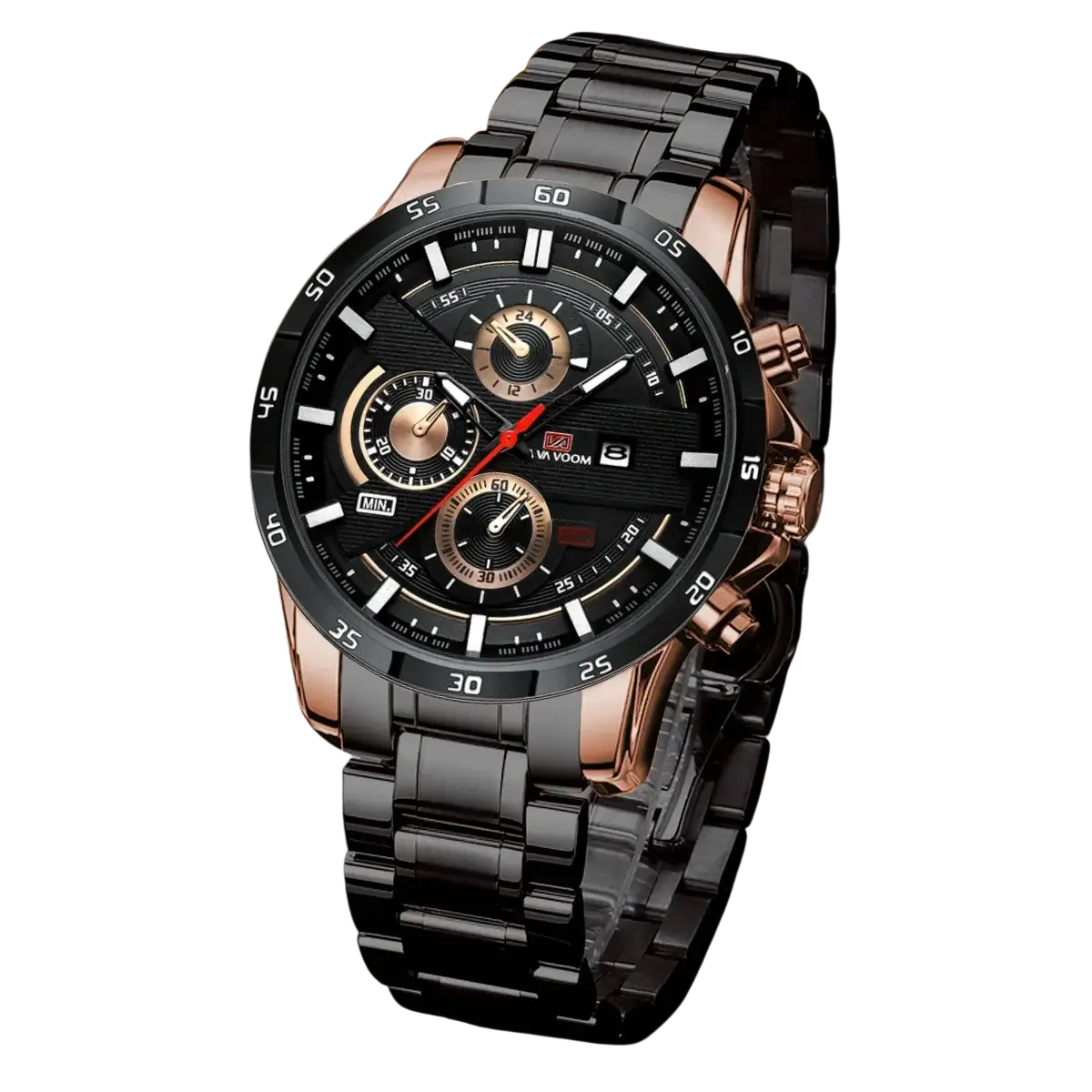 Men sports watch navy force chronograph with black dial rose gold accents and stainless steel link bracelet