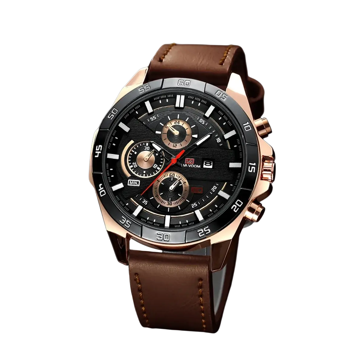 Rose gold-tone men sports watch with black dial, three subdials, and brown leather racing strap quartz chronograph