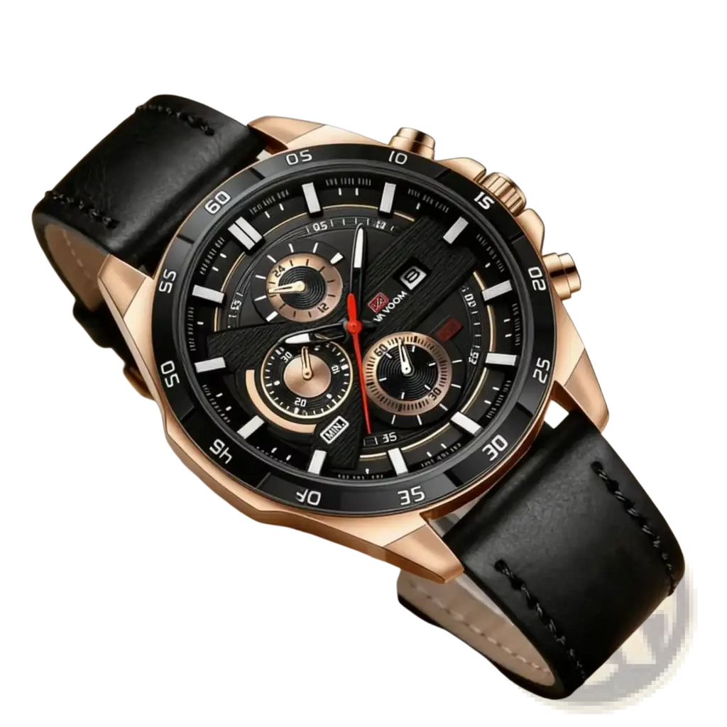 Rose gold-tone men sports quartz chronograph watch with black leather strap and multiple subdials for racing use