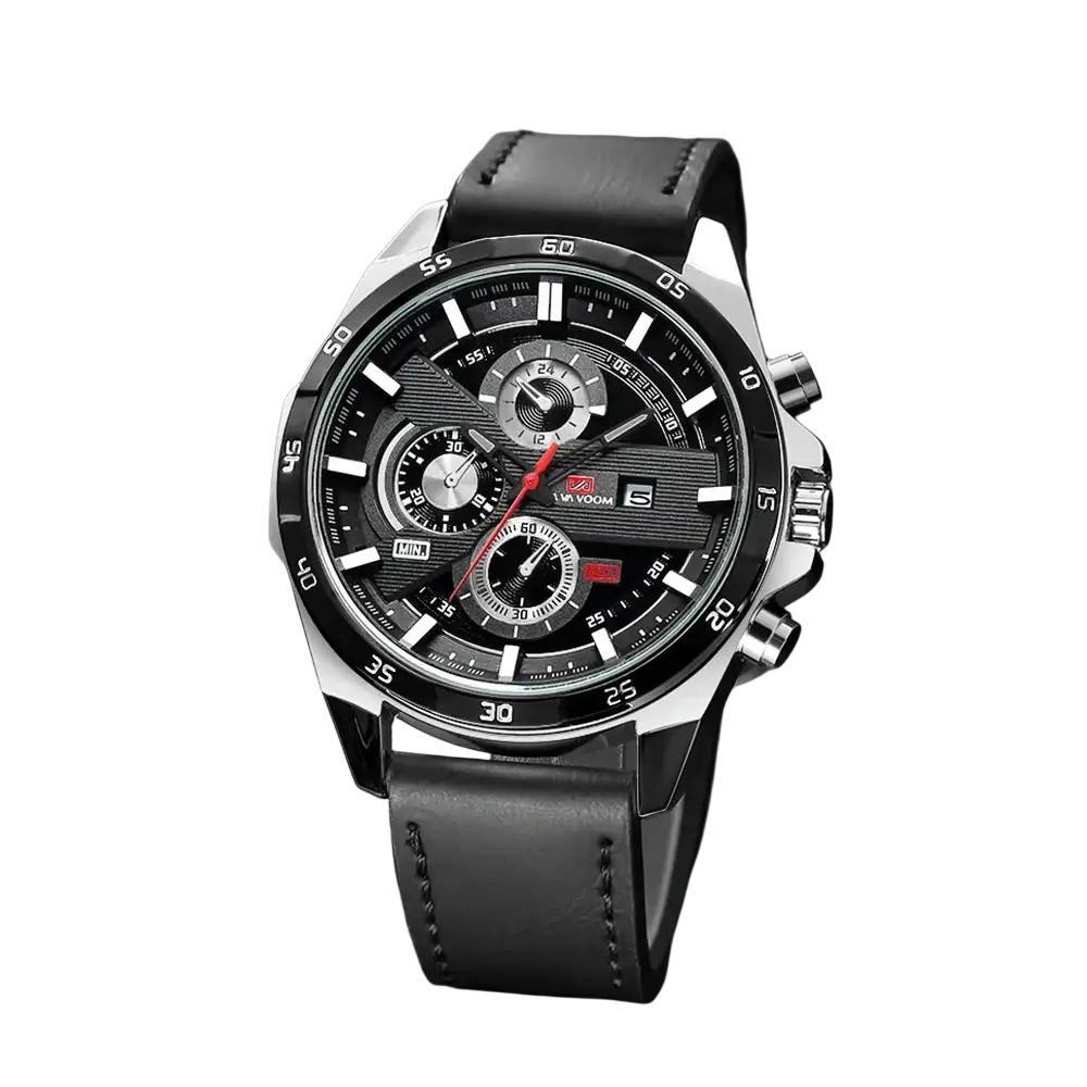 Black and silver men sports quartz chronograph watch with black leather racing strap shown from the front