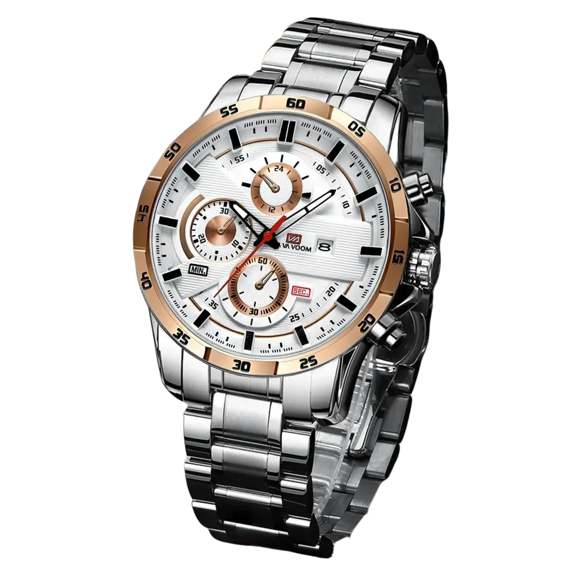 Men sports watch with silver and rose gold-tone stainless steel chronograph, white dial, black markers, and orange accents