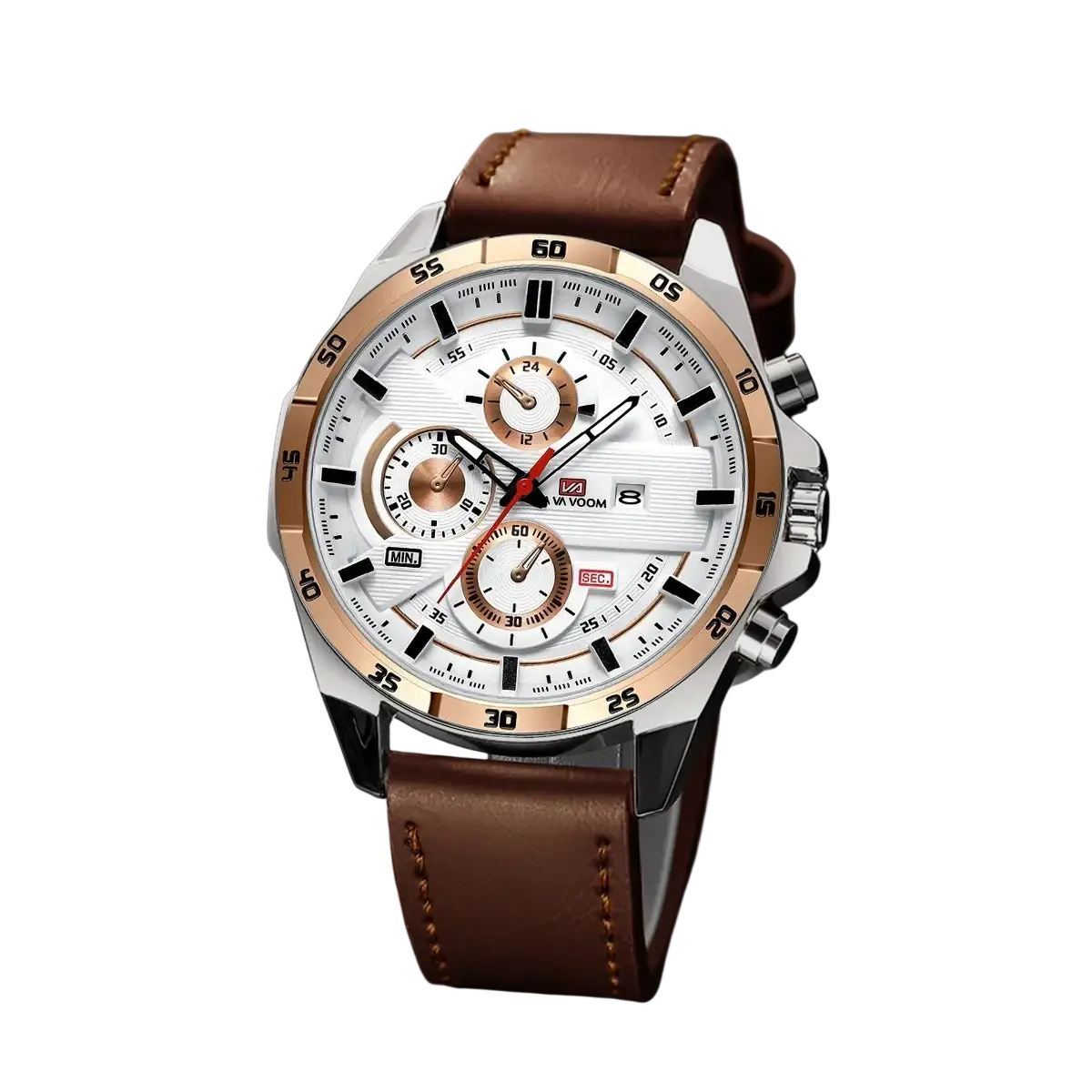 Silver and rose gold-tone men sports chronograph watch with white dial and brown leather racing strap quartz movement