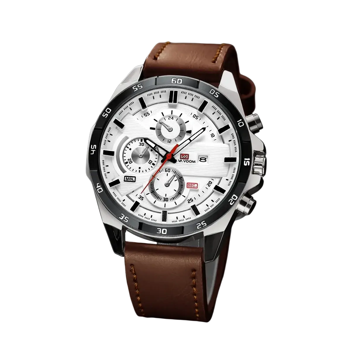 Men sports watch with black leather strap silver chronograph case white dial black markings vyoom brand name
