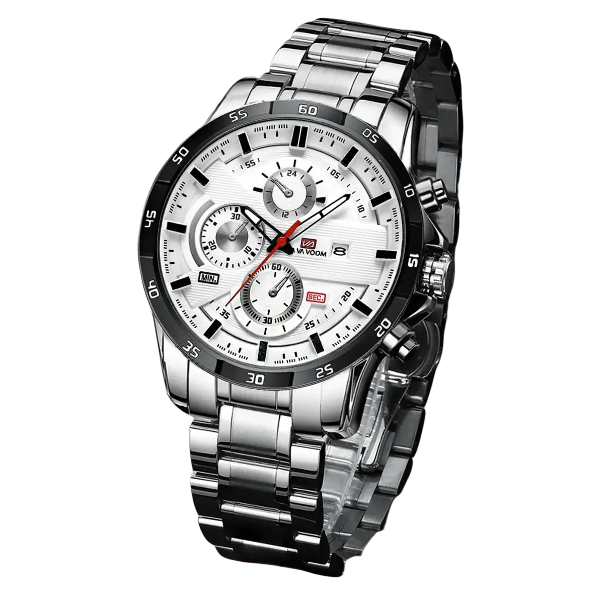 Men sports watch black leather racing quartz chronograph with silver stainless steel case white dial and red-accented subdials