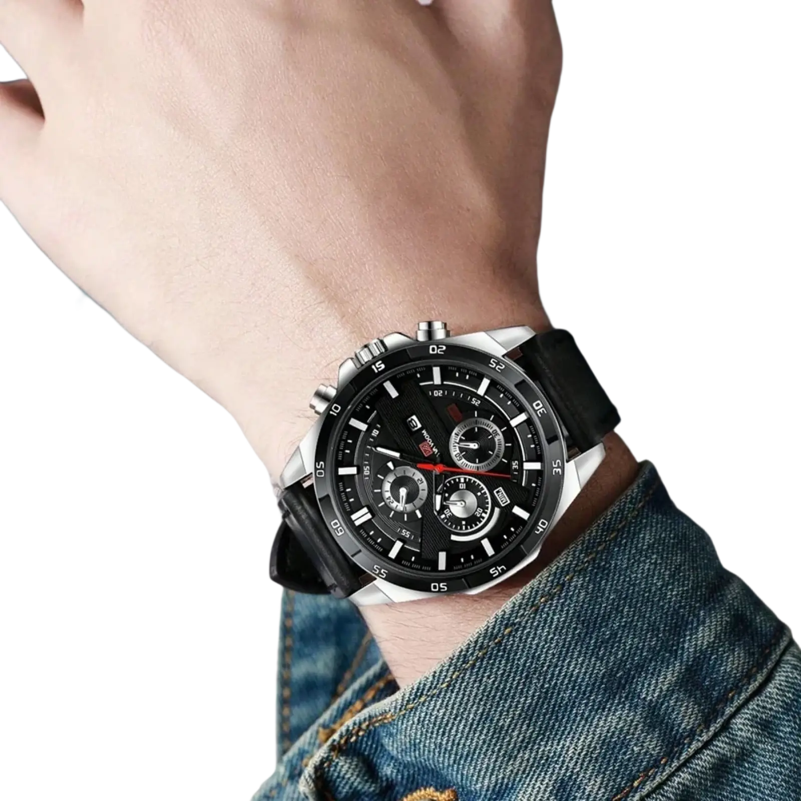 Men sports watch black leather racing quartz chronograph with silver case black dial multiple subdials and red accents
