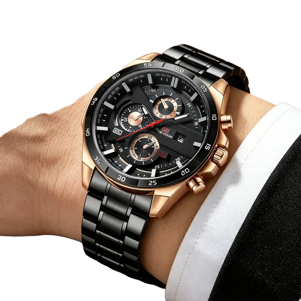 A sleek black and rose gold men sports watch with a bold multi-dial chronograph face and black leather strap