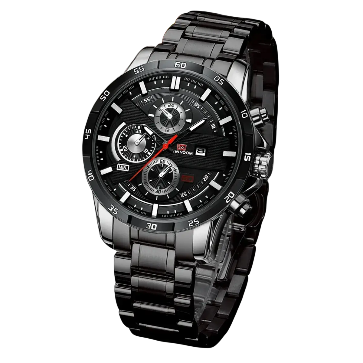 Men sports watch black leather racing quartz chronograph with black stainless steel case and multiple subdials