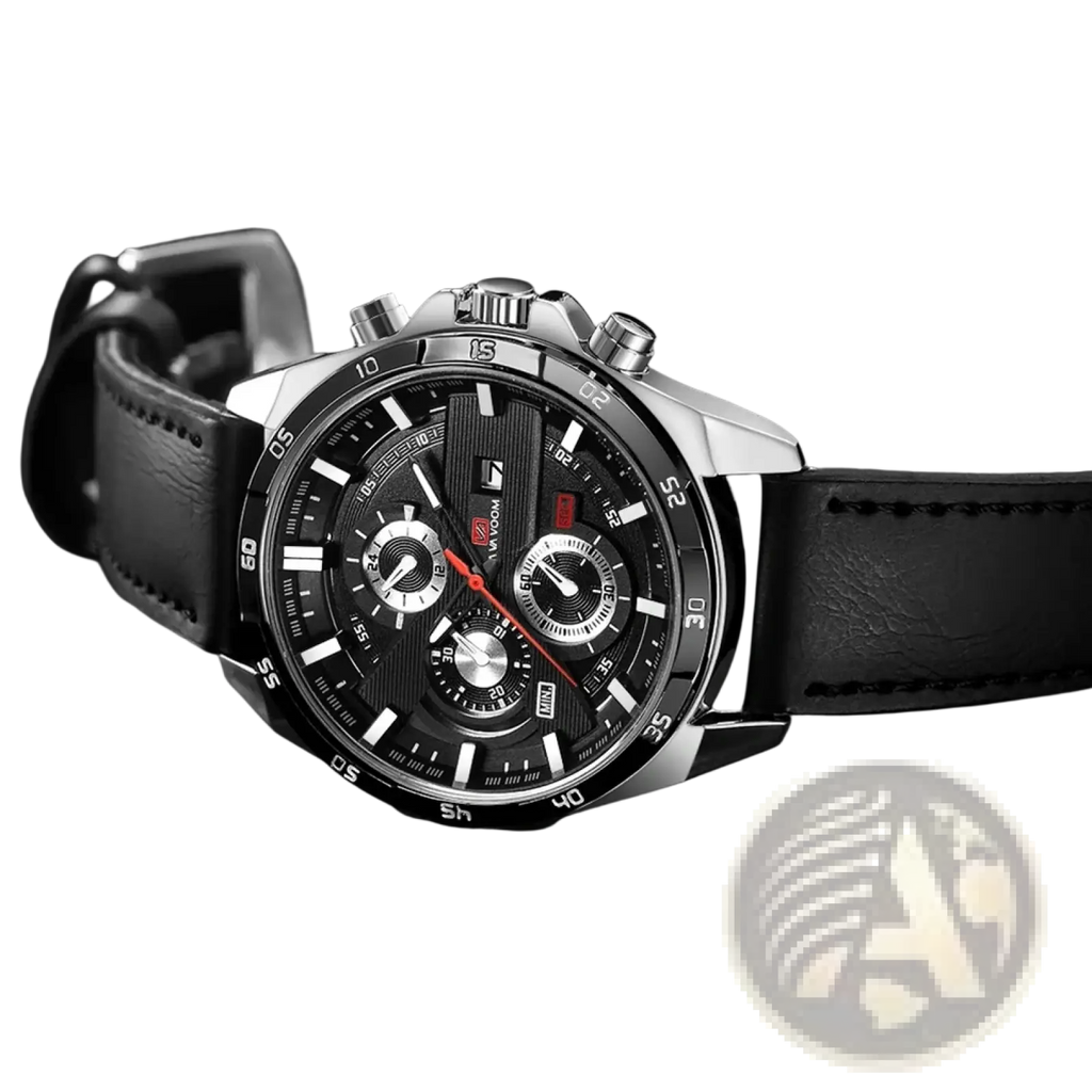Men sports watch with black leather strap quartz chronograph featuring silver case black dial and red second hand