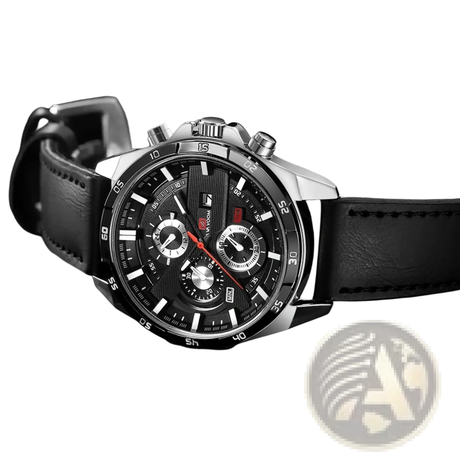 Men sports watch with black leather strap quartz chronograph featuring silver case black dial and red second hand