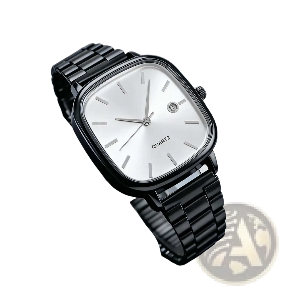 Men square quartz watch with a black minimalist square face and a sleek metallic bracelet for wristwear