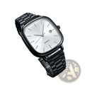 Men square quartz watch with a black minimalist square face and a sleek metallic bracelet for wristwear