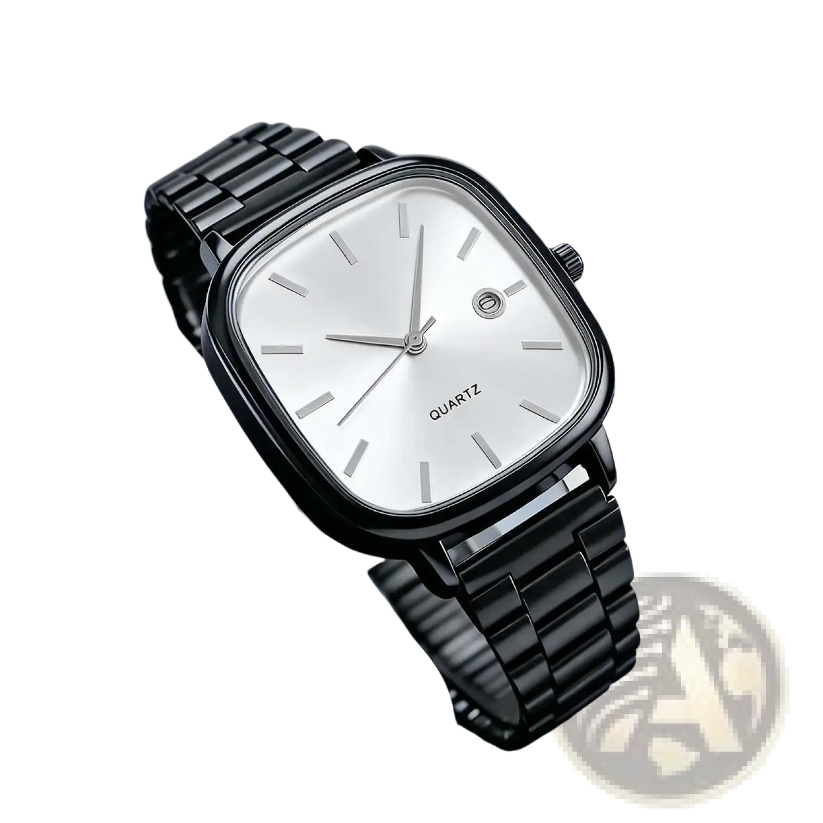 Men square quartz watch with a black minimalist square face and a sleek metallic bracelet for wristwear