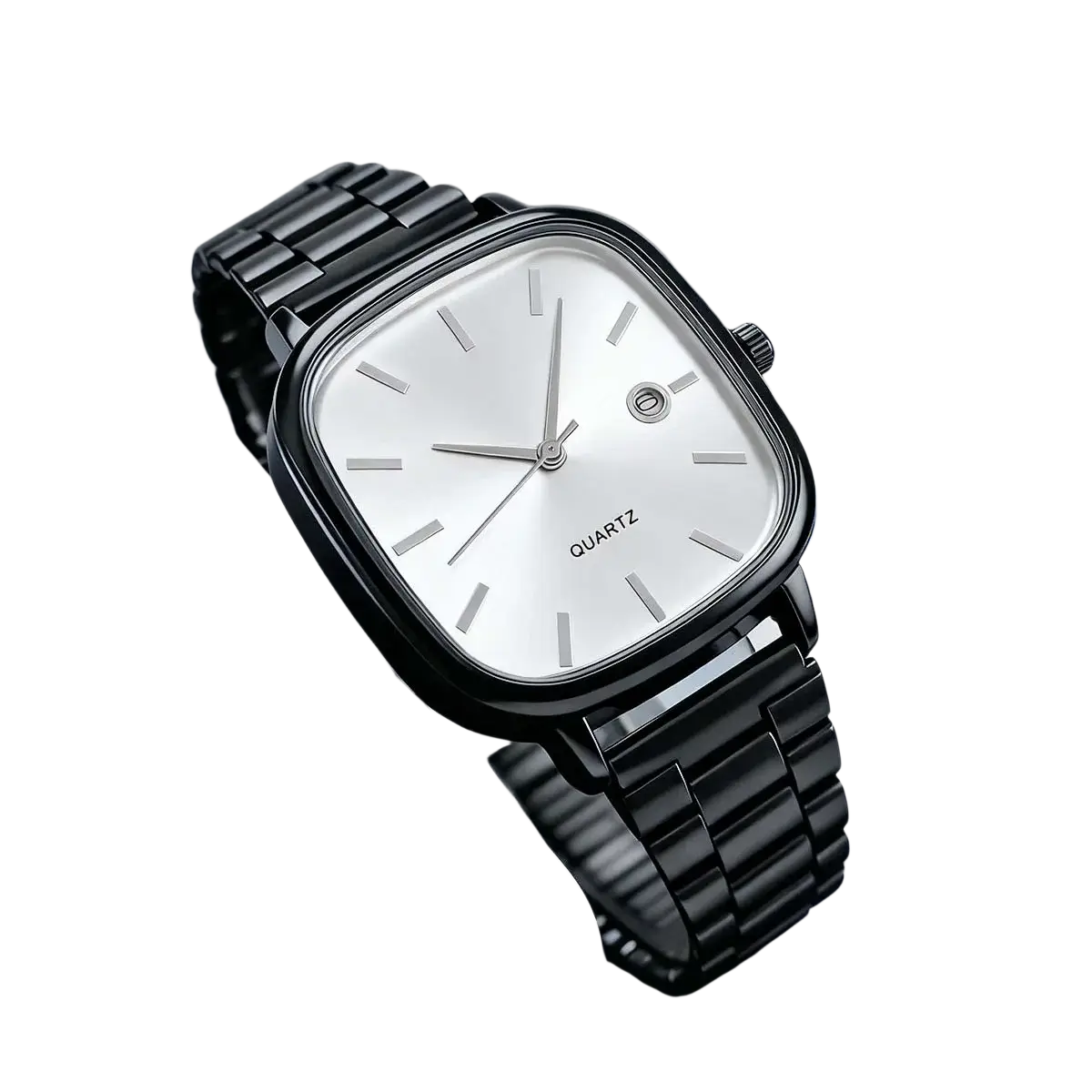 Men square quartz watch with a black minimalist square face and a sleek metallic bracelet for wristwear