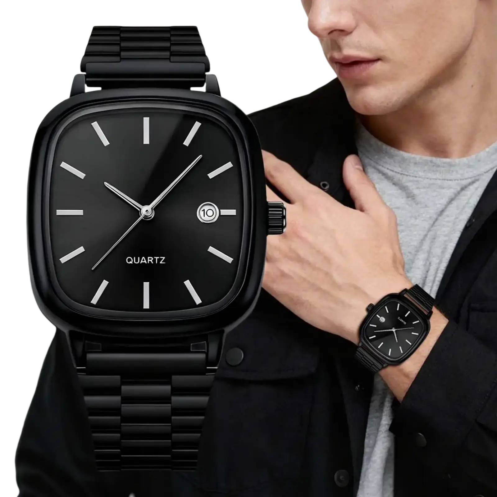Men square quartz watch with black minimalist face and sleek metal bracelet for elegant wristwear