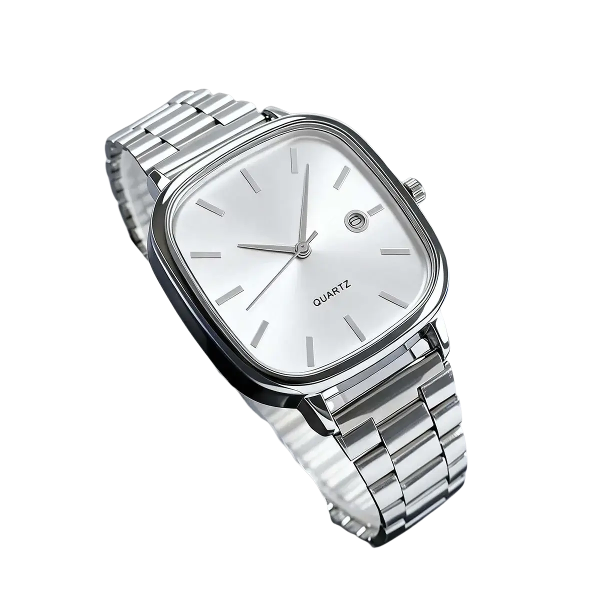 Men square quartz watch with silver-toned rectangular case, sleek metallic bracelet, and minimalist dial in black