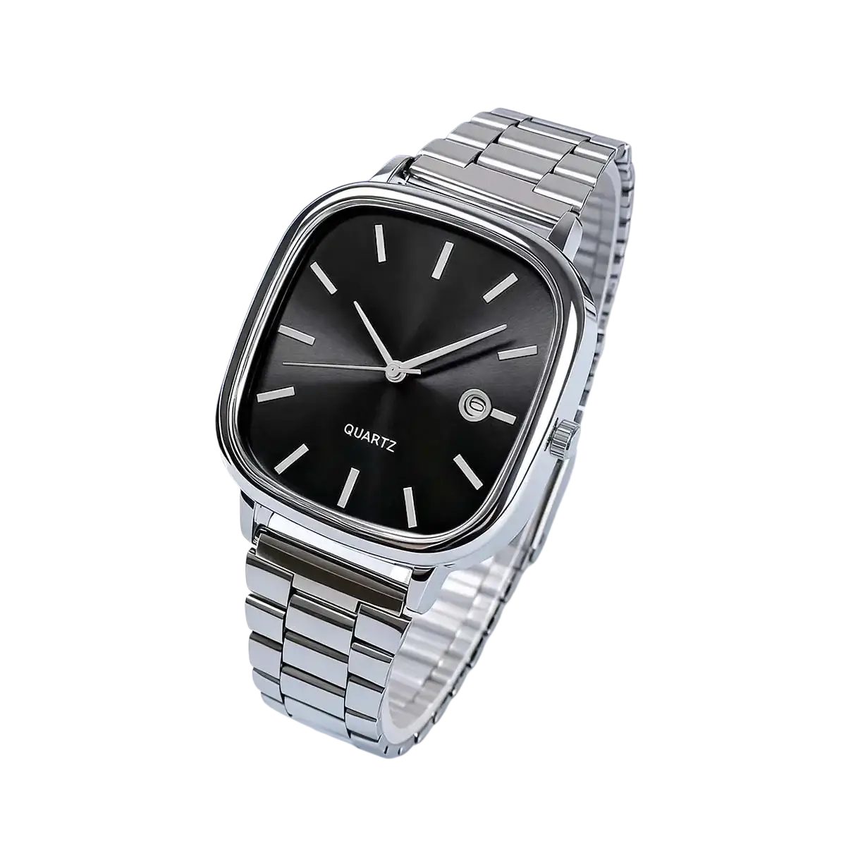 Men square quartz watch with silver-toned stainless steel case and black minimalist dial with white stick markers