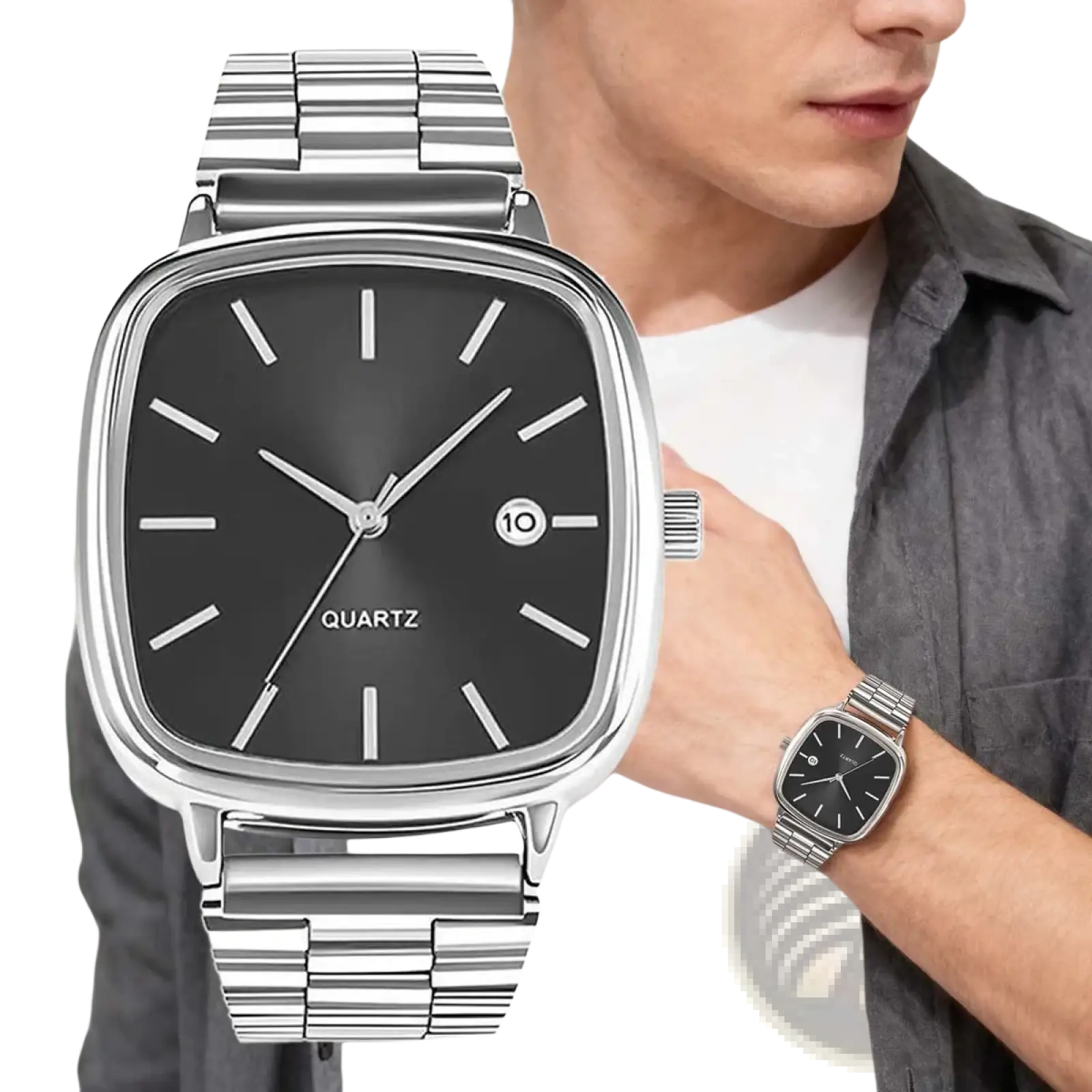 Men square quartz watch with silver-toned square case black dial minimalist stick indices and date window at 3 o’clock