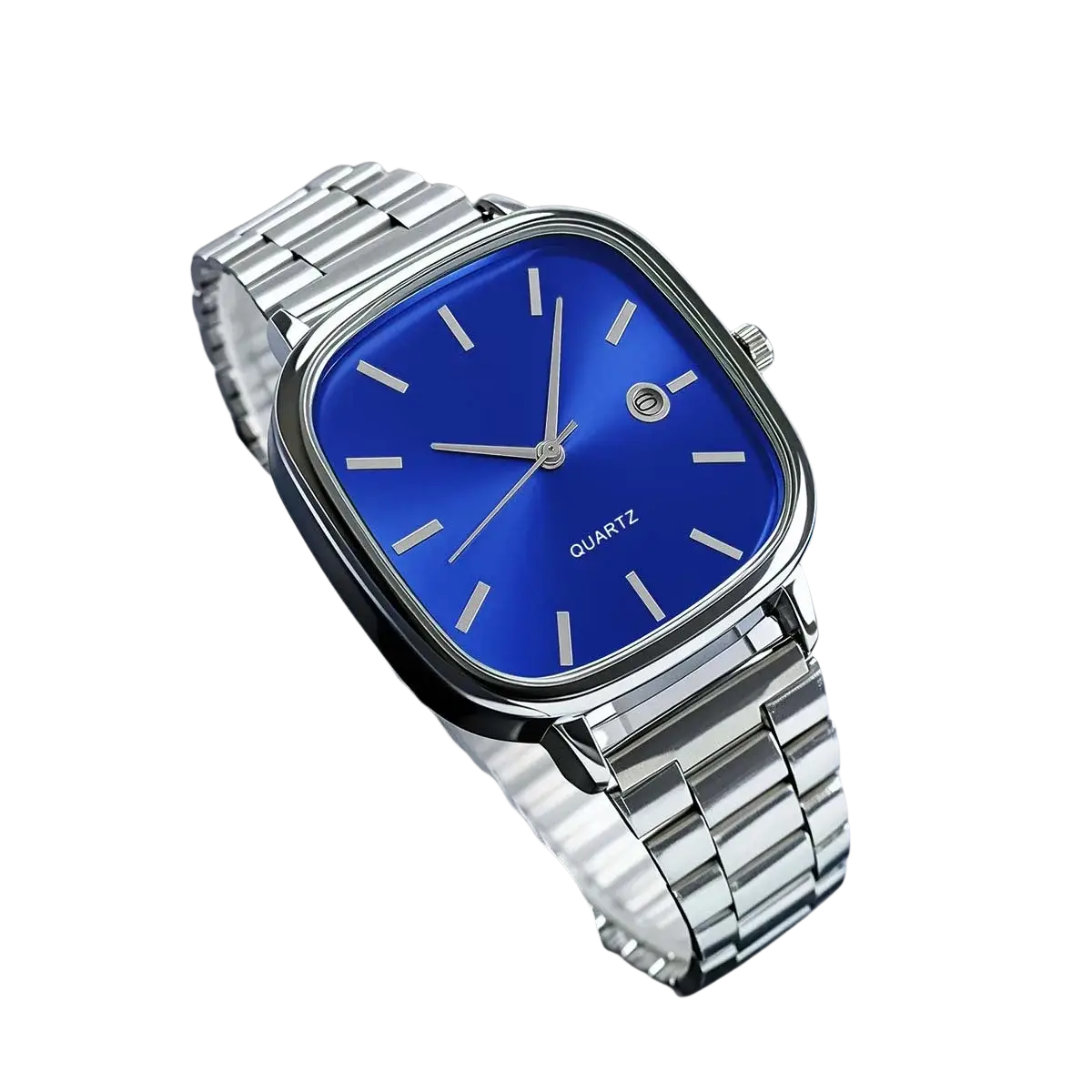 Men square quartz wristwatch with a sleek silver stainless steel case and vibrant blue minimalist dial