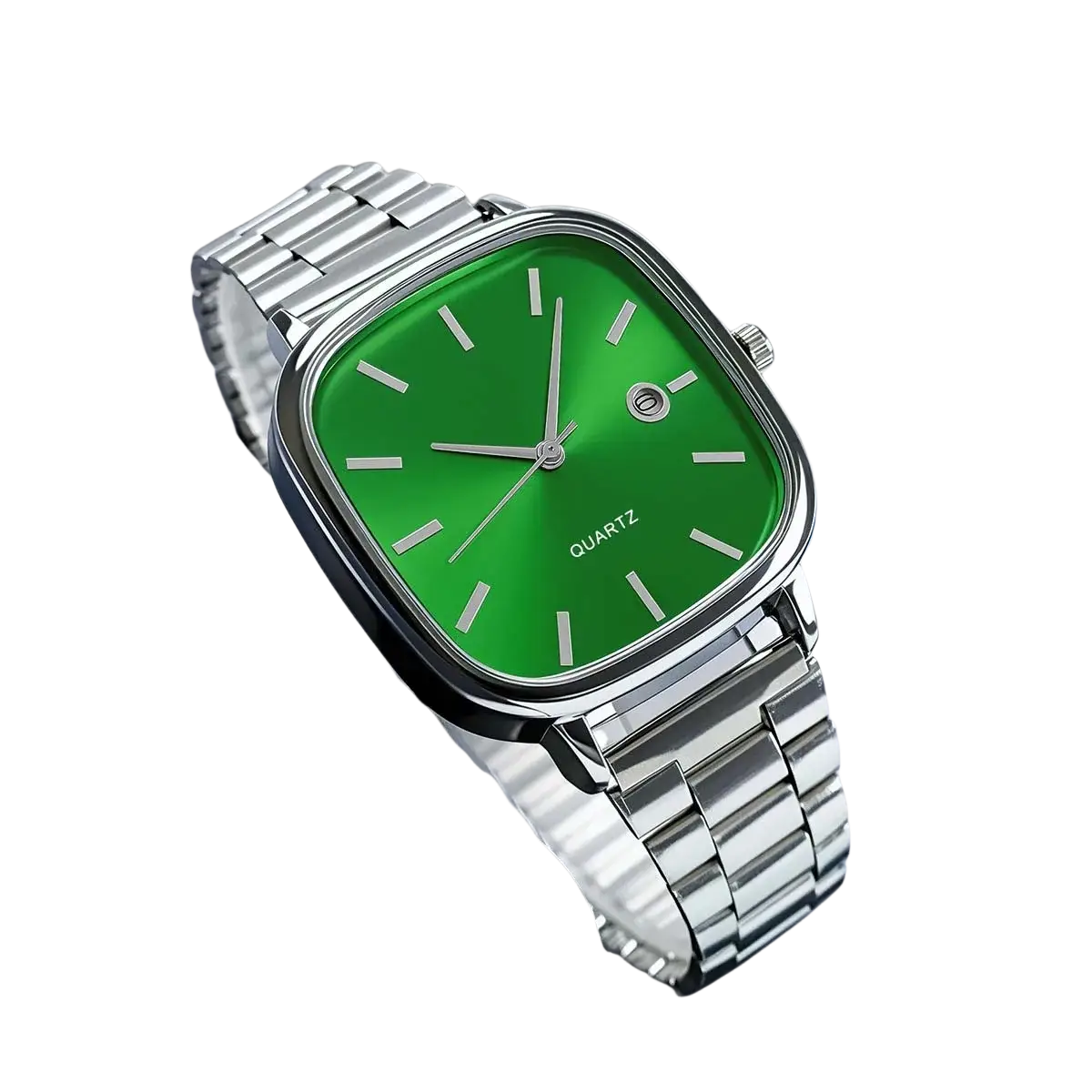 Men square quartz watch with a sleek silver stainless steel case and vibrant green minimalist dial