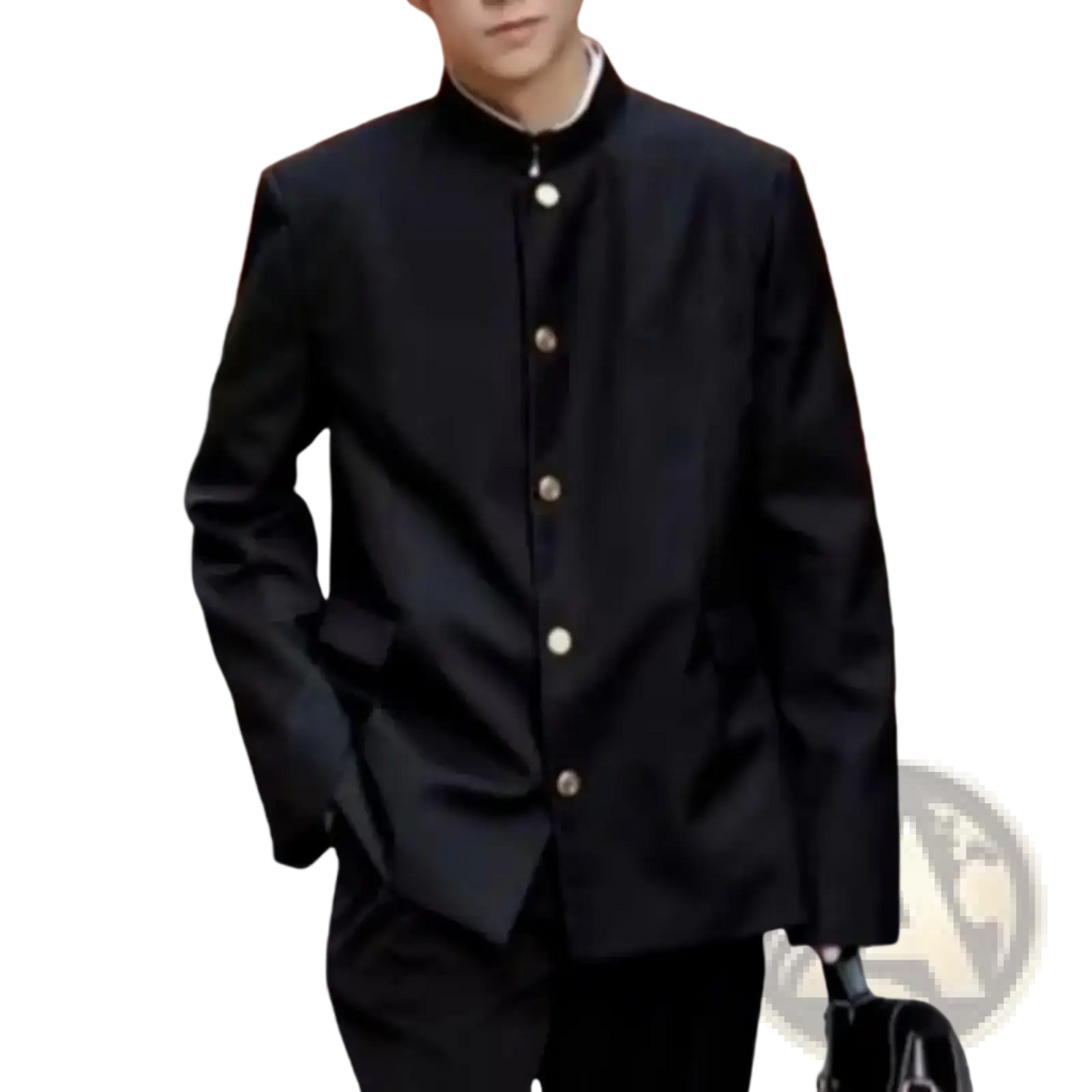 Men stand collar tunic suit jacket formal blazer in black with white buttons and a sleek button-up design