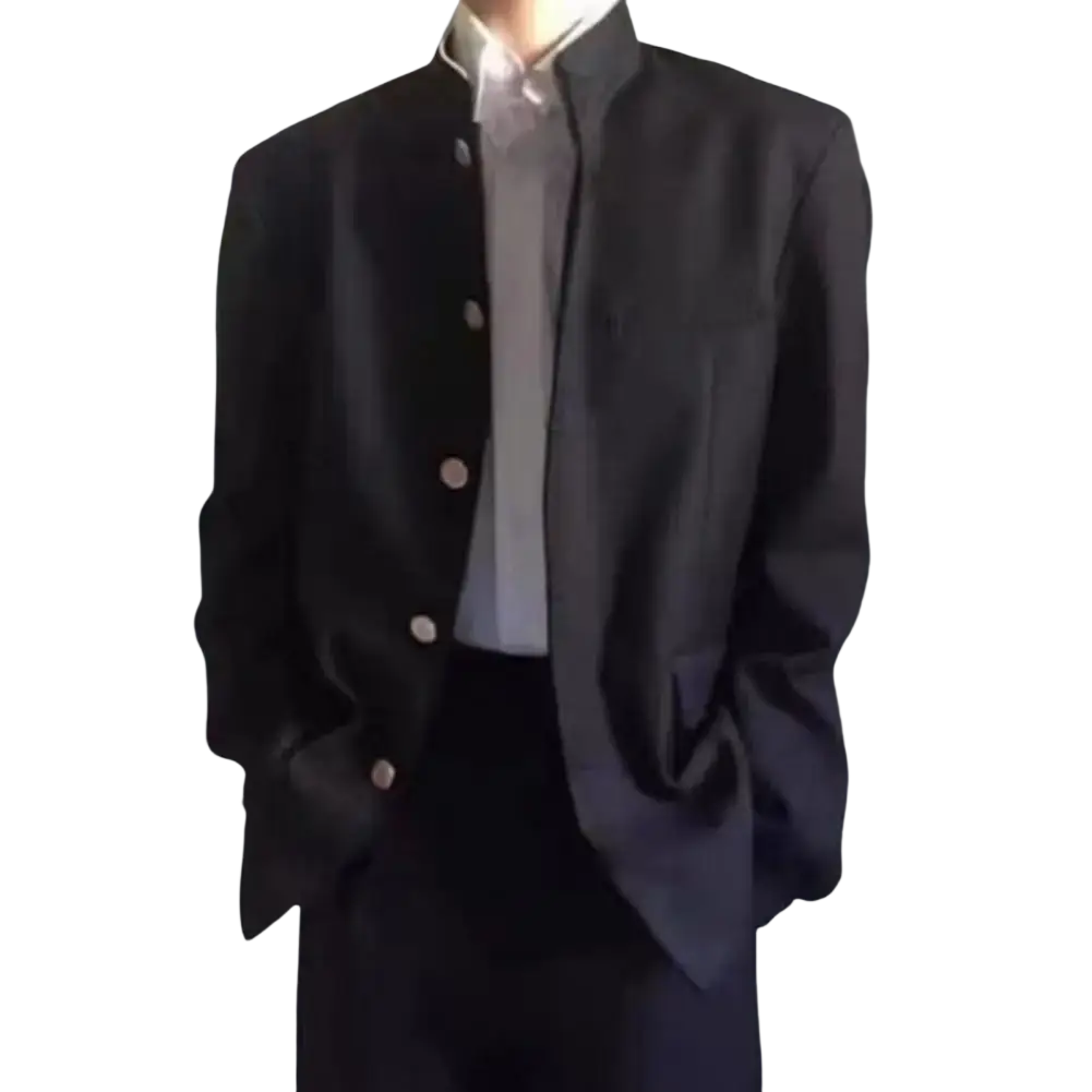 Men stand collar tunic suit jacket formal blazer in black corduroy with five matching buttons and a stand-up collar