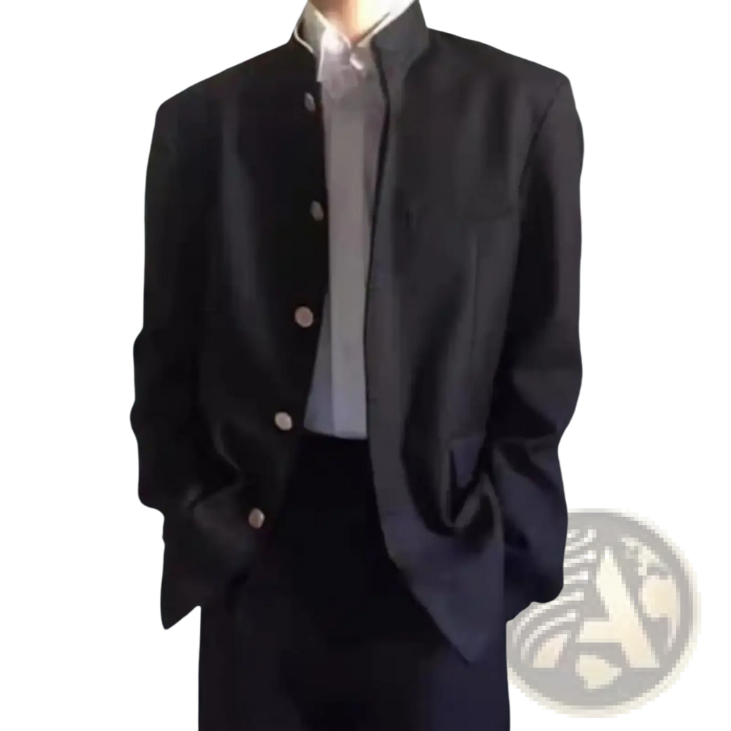 Men stand collar tunic suit jacket formal blazer in black corduroy with five matching buttons and a stand-up collar