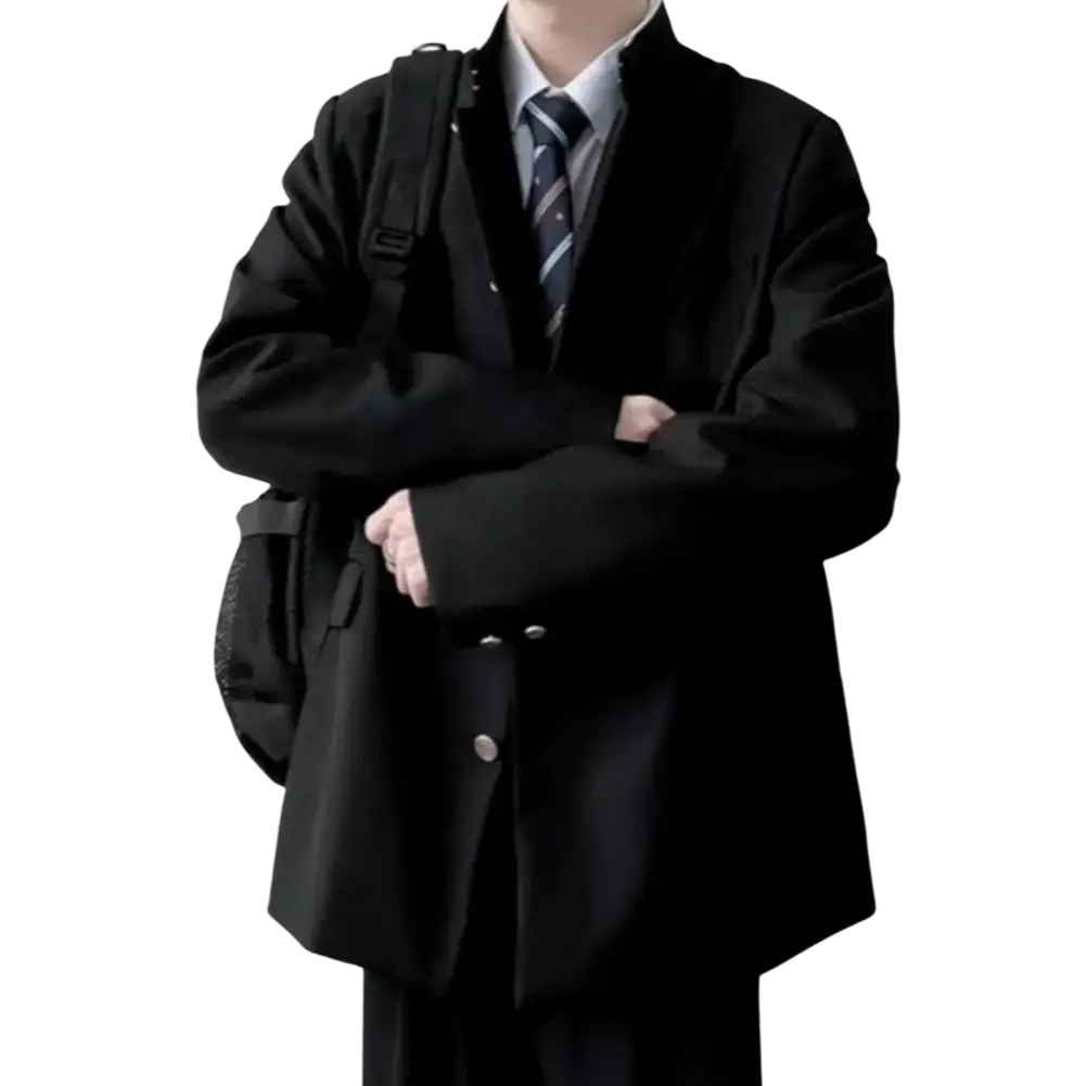 Men stand collar tunic suit jacket formal blazer in black with silver buttons and structured oversized fit