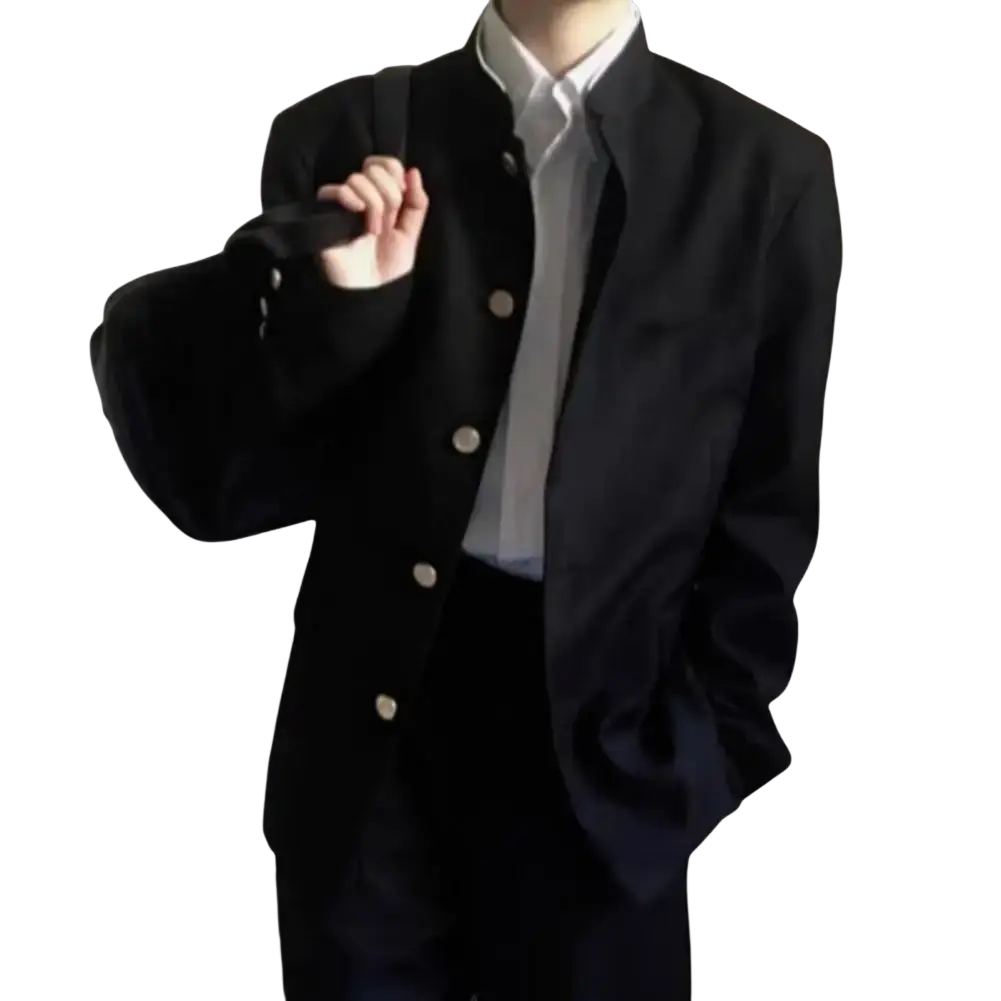 Men stand collar tunic suit jacket formal black woolen blazer with silver buttons and a classic collar