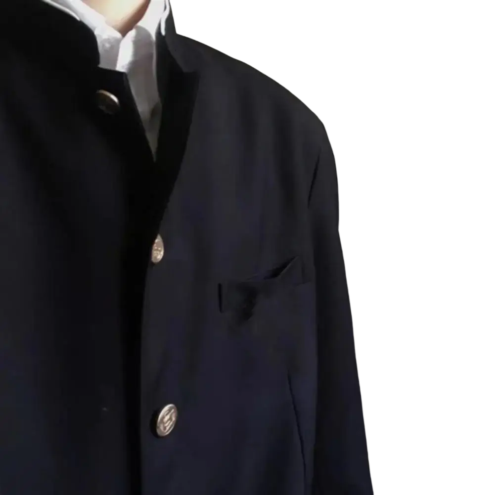 Men stand collar tunic suit jacket formal blazer in black wool with silver toned buttons and a notched collar