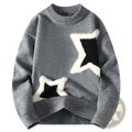 Men star applique knit sweater featuring gray knit fabric with plush black and white star patches for winter wear