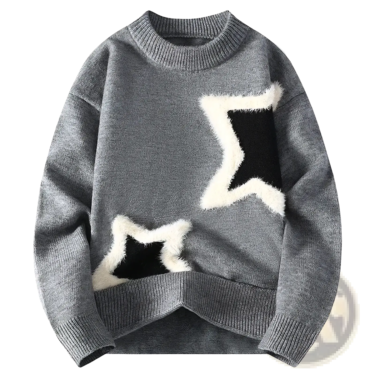 Men star applique knit sweater featuring gray knit fabric with plush black and white star patches for winter wear