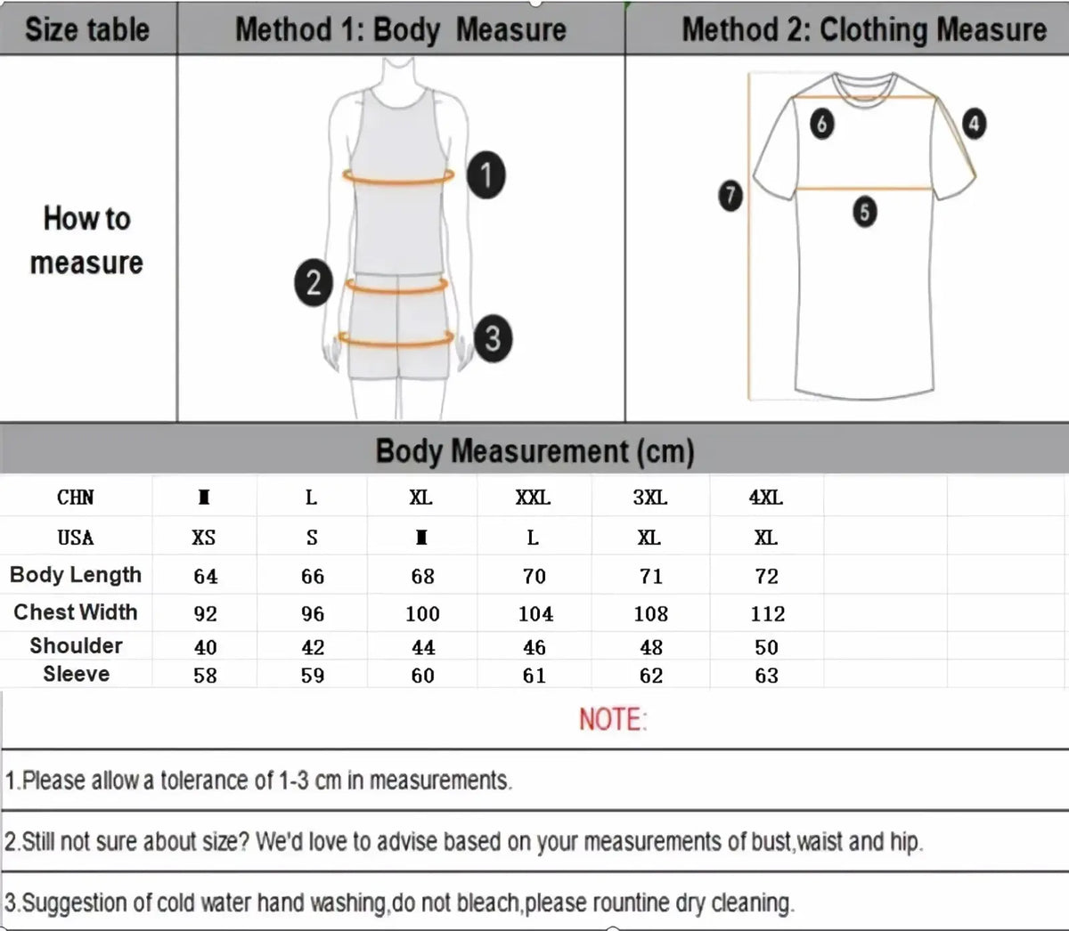 Size chart for men star applique knit sweater displaying body measurements in centimeters with fitting instructions and diagrams
