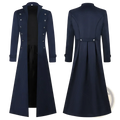 Men steampunk trench coat navy blue double-breasted with silver buttons and belted back shown from the back side