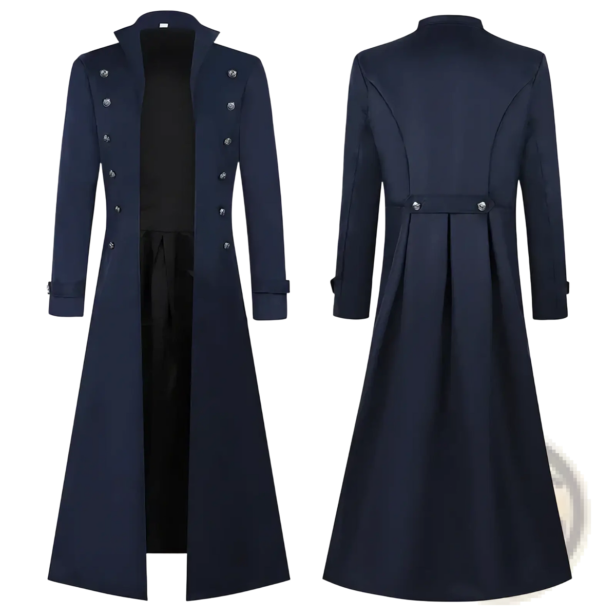 Men steampunk trench coat navy blue double-breasted with silver buttons and belted back shown from the back side