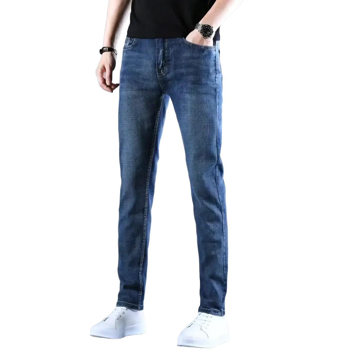 Men straight dark denim jeans in blue denim with slim fit and classic stitching for a stylish casual look