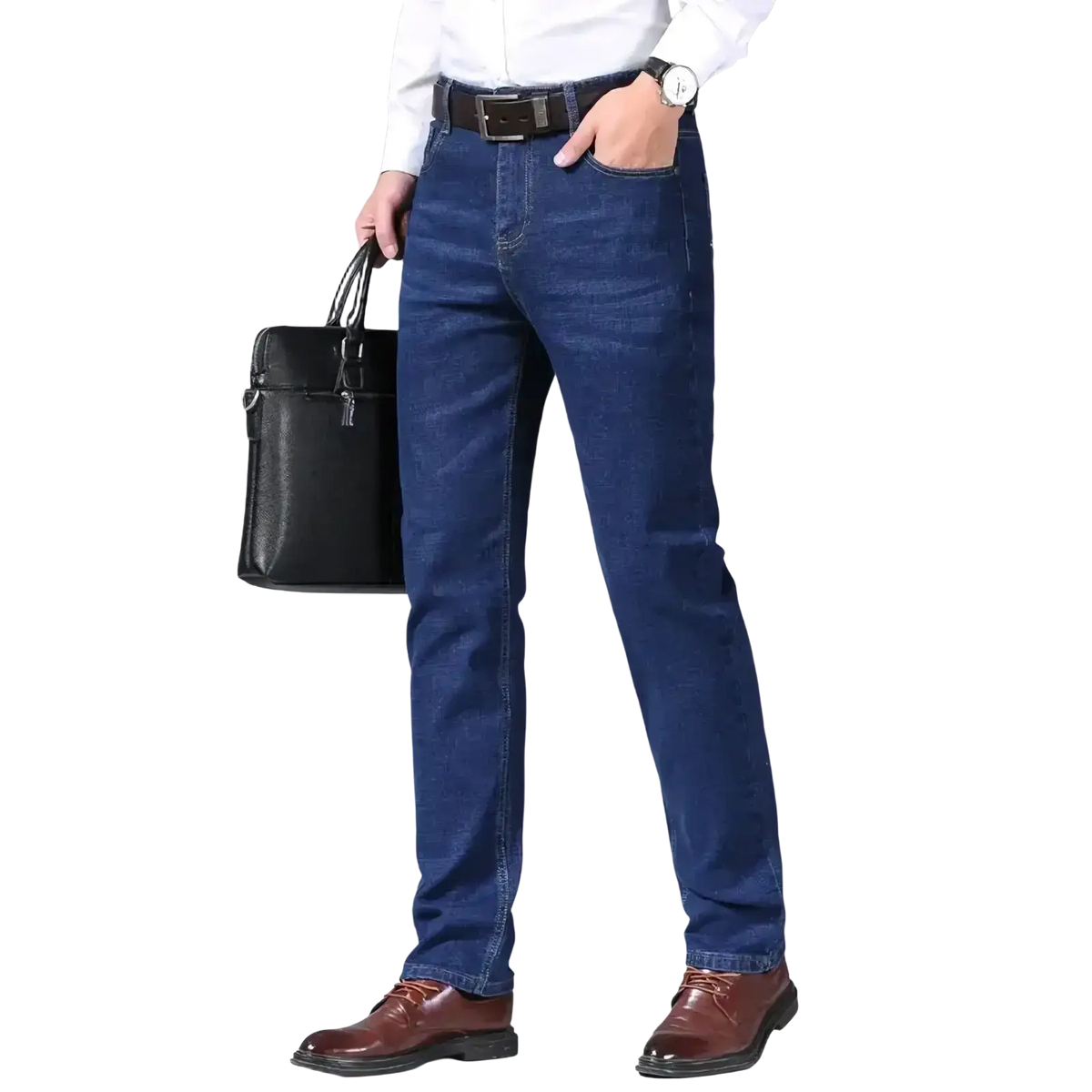 Men straight dark denim jeans featuring dark blue denim material with a classic straight-leg cut and visible stitching